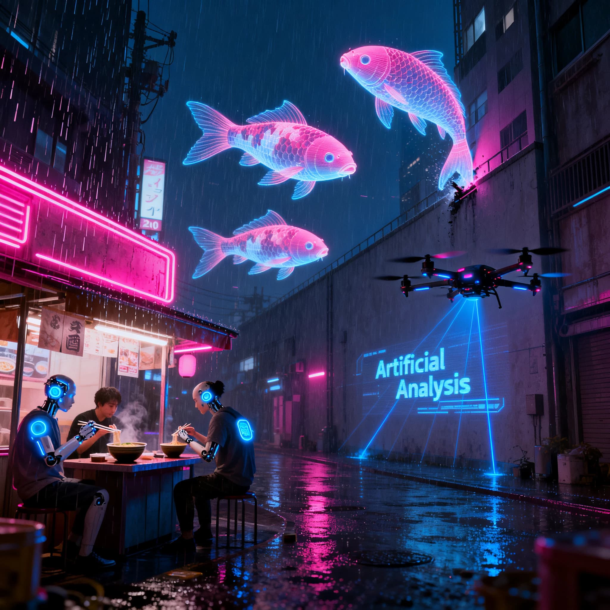 A neon alley in Neo-Tokyo 2142 drips with rain Cybernetic patrons slurp ramen at a stall with their glowing implants humming with blue light. Three giant holographic koi hover 10 metres above the ground and swim across the skyline, one has clipped into a building. A six-prop drone hovers nearby, projecting "Artificial Analysis" onto a wall with blue laser beams visible