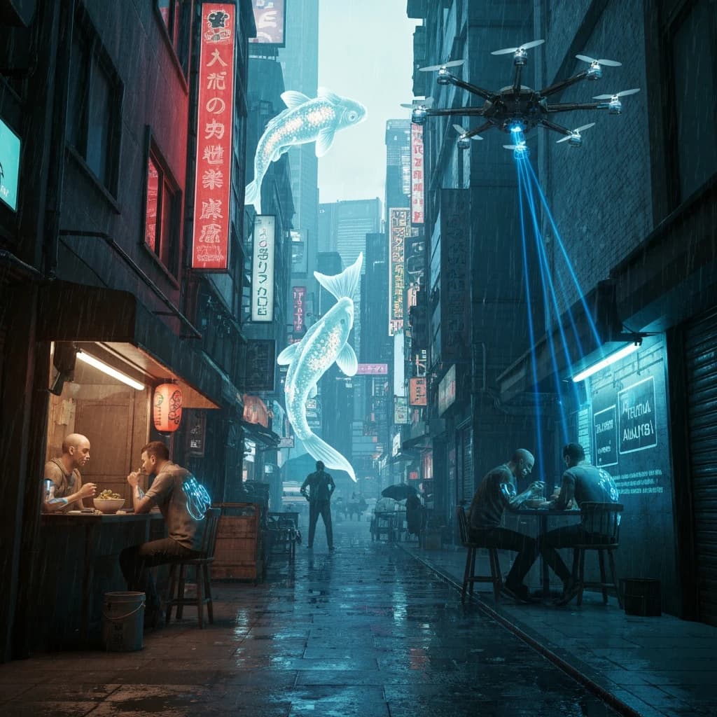 A neon alley in Neo-Tokyo 2142 drips with rain Cybernetic patrons slurp ramen at a stall with their glowing implants humming with blue light. Three giant holographic koi hover 10 metres above the ground and swim across the skyline, one has clipped into a building. A six-prop drone hovers nearby, projecting "Artificial Analysis" onto a wall with blue laser beams visible
