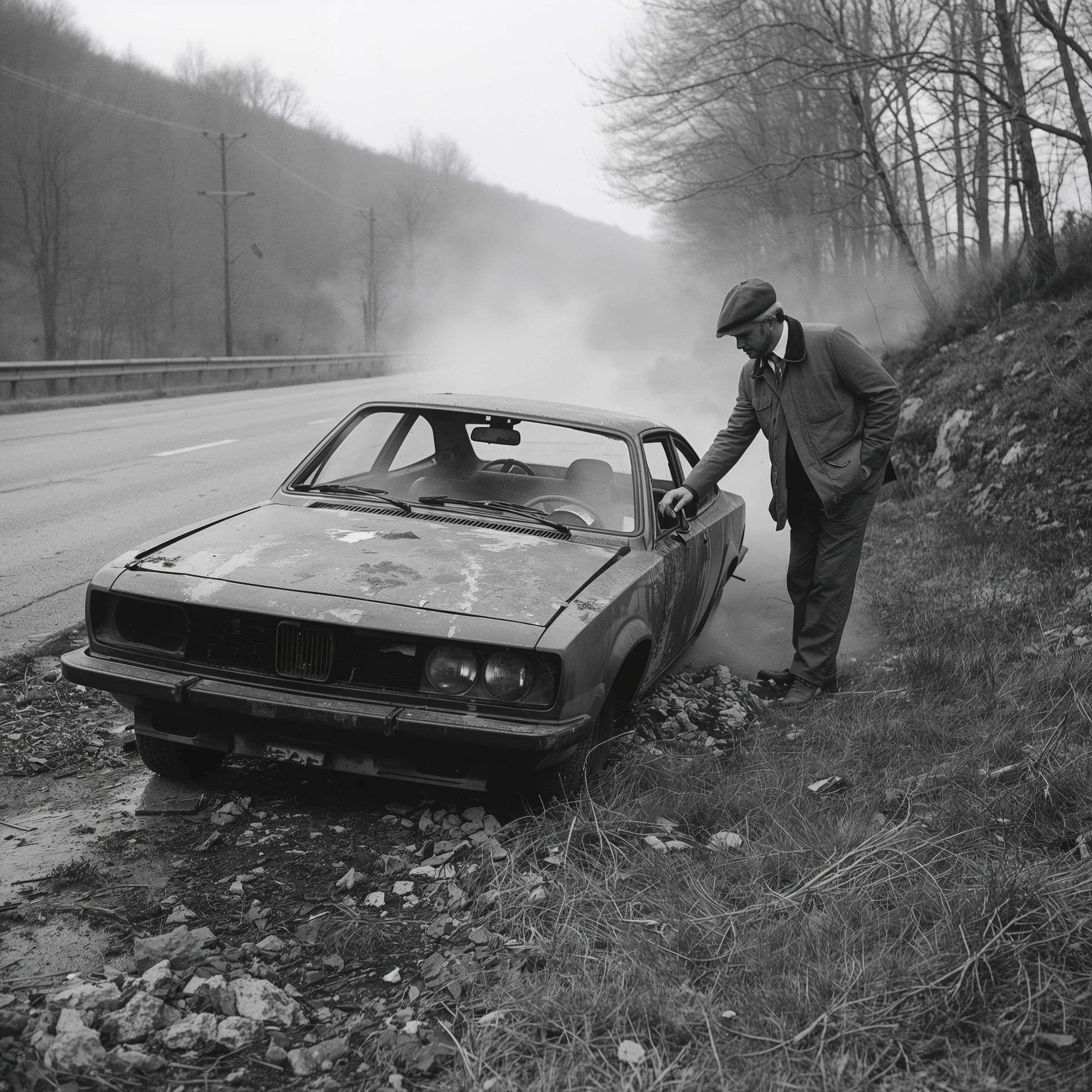 Mario examines the still smouldering wreck of the crash that took his best driver on the side of the country road. He designed this car and caused this. 3 days have passed since the crash. It's 1973 in Northern Italy.