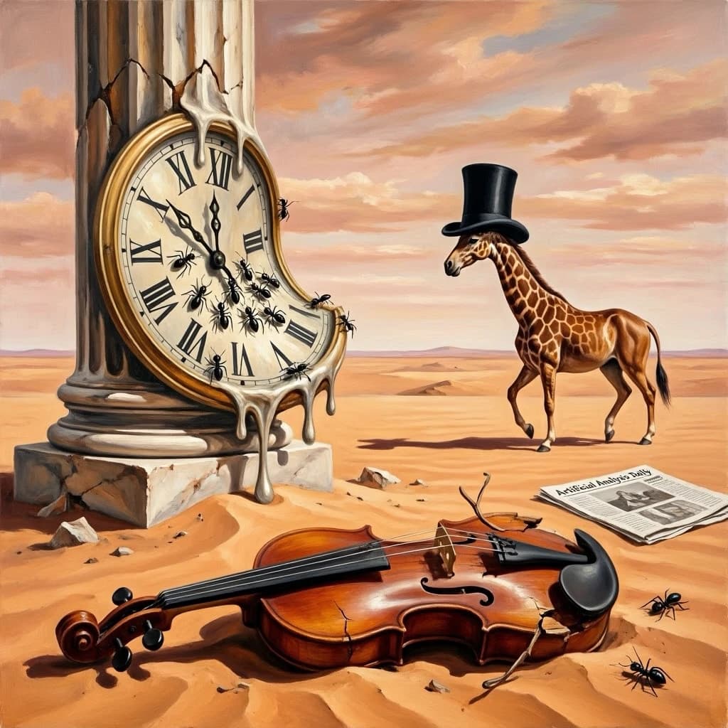 A vast desert plain stretches endlessly under a sky streaked with pale pink and ochre clouds. In the center stands a colossal clock, its face drooping and melting over the edge of a broken marble column. Ants swarm across its warped surface, glinting in the harsh sunlight. To the right, a horse with a giraffe like neck wearing a top hat strides toward the horizon, its shadow stretching miles across the sand. A cracked violin lies half-buried in the foreground, strings snapping outward like veins. Painted in the dreamlike surrealist style. A newspaper named the "Artificial Analysis Daily" lies on the Floor.
