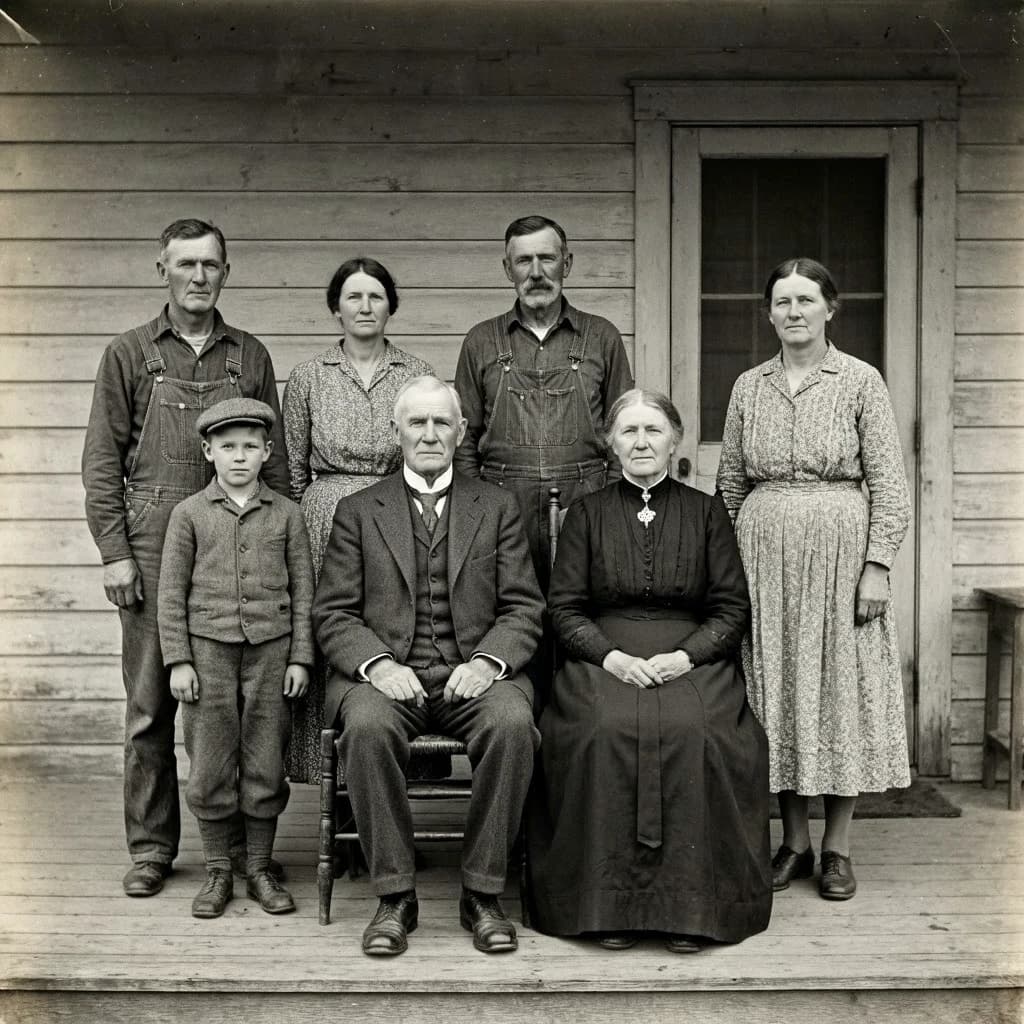Everybody holds still and nobody smiles for the family portrait. It's 1928 in Kansas