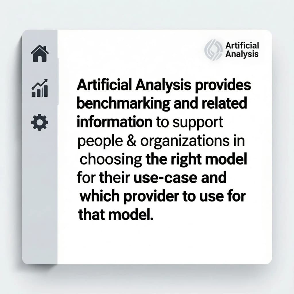 On a high-resolution dashboard mockup with a clean white background, display a centered text module in Helvetica Neue Regular, 18pt, black: “Artificial Analysis provides benchmarking and related information to support people & organizations in choosing the right model for their use-case and which provider to use for that model.” The text box is justified, but the final word wraps awkwardly onto its own line. To the left, a vertical navigation bar in light gray with three icons - home, chart, and settings - aligned evenly but casting misaligned shadows. In the upper right, the Artificial Analysis logo appears faintly, semi-transparent, watermarked over the corner of the interface.