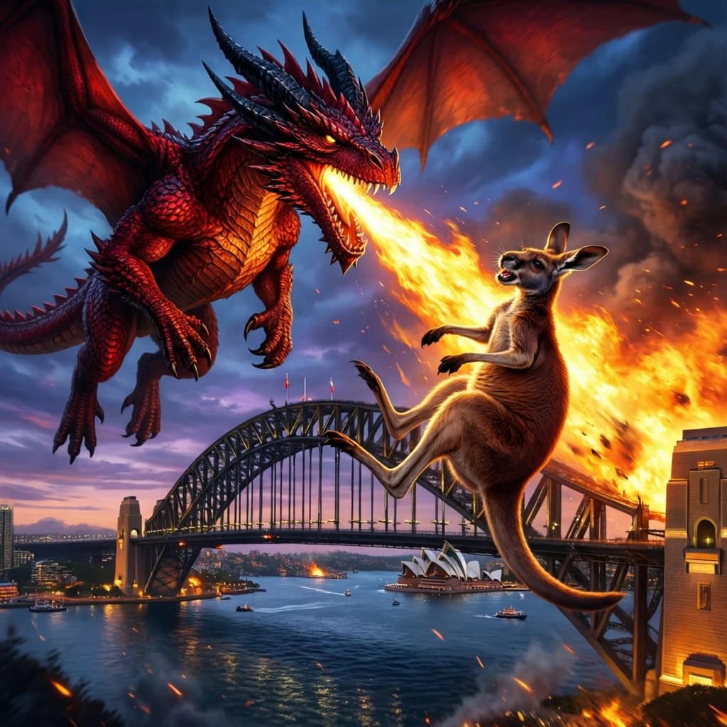 A dragon breathes fire at a kangaroo that is running away by climbing over the top of the Sydney Harbour Bridge. Opera House visible in the background.