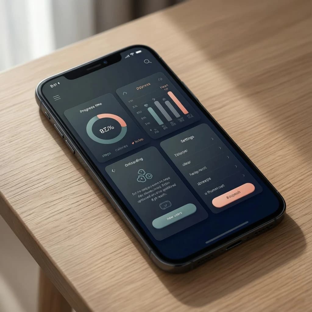 Sleek mobile fitness app screens on a desk: dark mode home, progress dashboard, simple onboarding, clear 8 pt grid, slightly oversized buttons for thumb reach, muted colors.