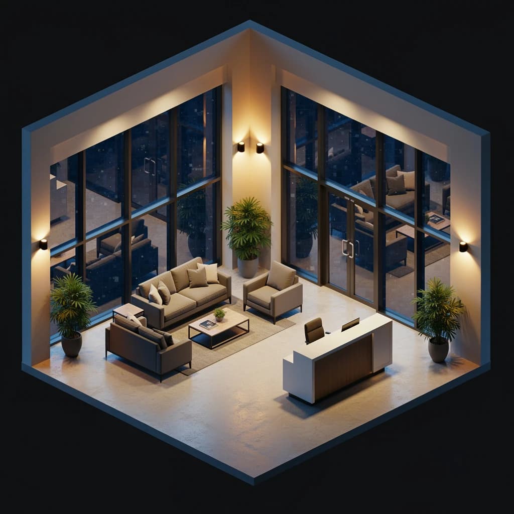 Isometric 3D lobby, glass walls, warm lights, slightly moody, soft shadows.