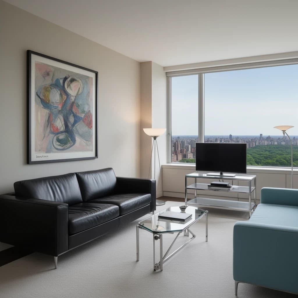 My apartment overlooks Central Park. It’s very luxurious, very expensive, and the furniture is minimal — a black leather couch, a glass coffee table with chrome legs, an Arne Jacobsen floor lamp. A big-screen television set rests on a steel shelving unit. A David Onica painting hangs above the couch. There’s a stainless steel and glass cocktail table. A powder-blue sofa. A thirty-inch digital TV.