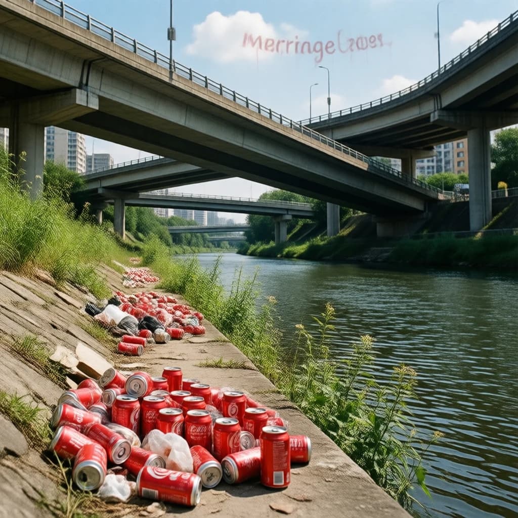 Red soda cans and other garbage sit strewn across the bank of an urban river only a few metres wide. Concrete overpasses criss cross overhead on a bright and sunny day. Fading skywriting proposes marriage