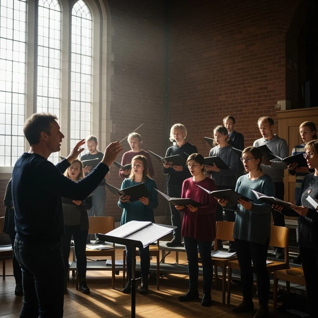 A choir rehearses in a brick hall as somewhat dramatic morning light falls through high windows, with a patient conductor mid-gesture, open scores, intent faces, slight motion blur.