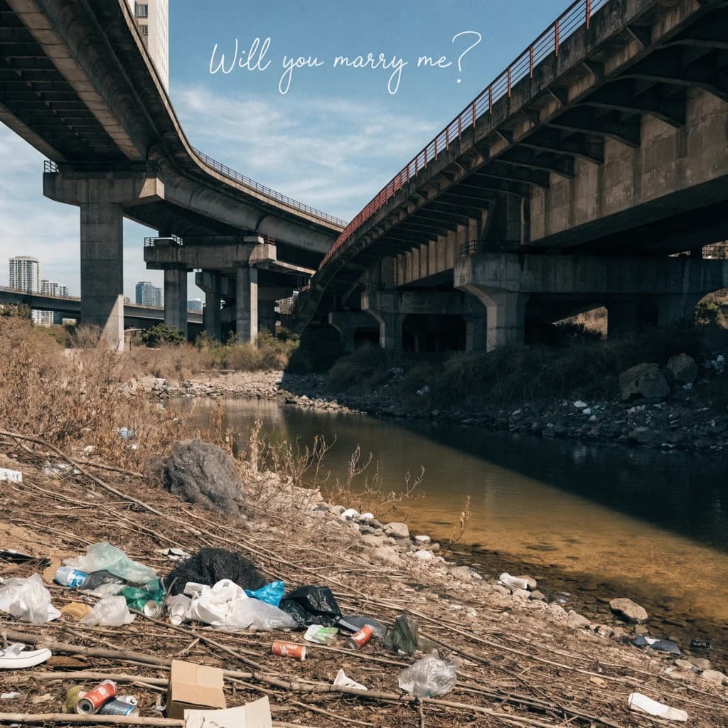 Red soda cans and other garbage sit strewn across the bank of an urban river only a few metres wide. Concrete overpasses criss cross overhead on a bright and sunny day. Fading skywriting proposes marriage