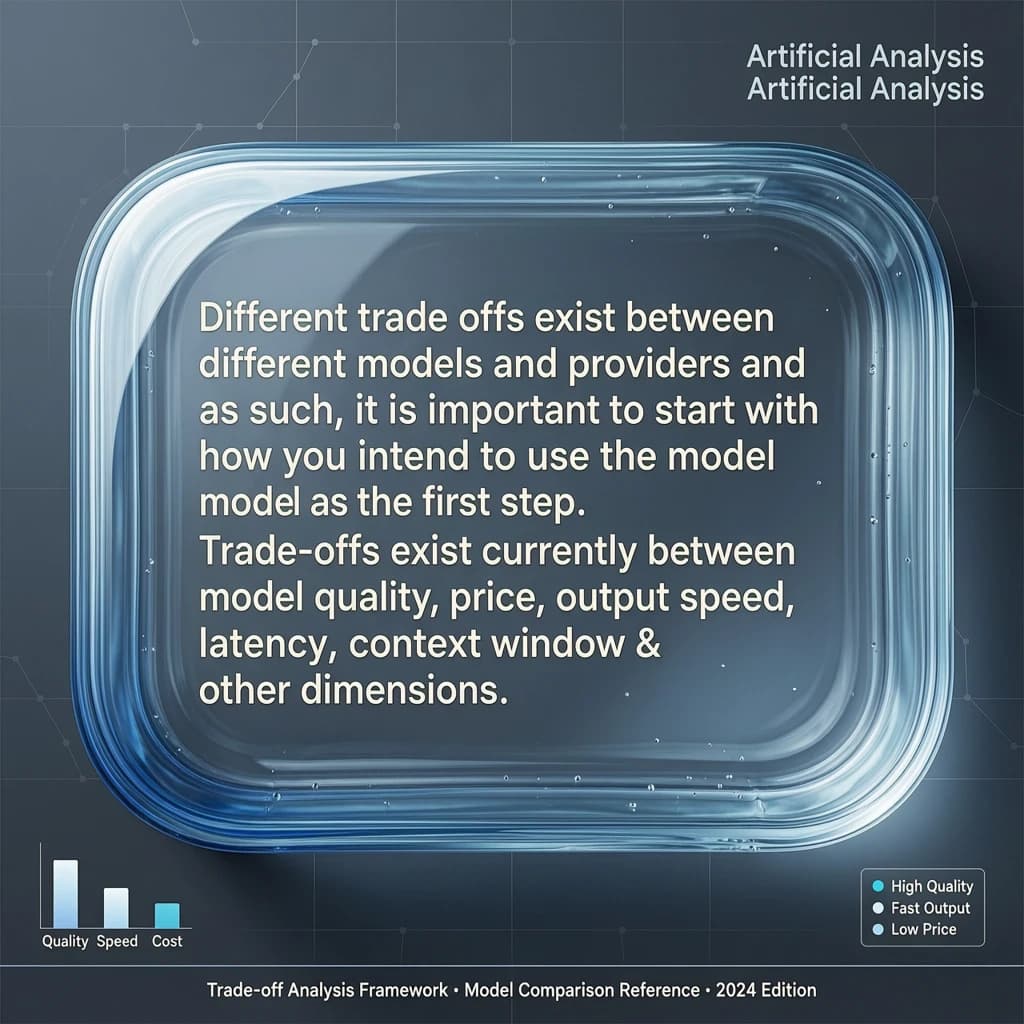 In a clear transparent blue glassy rounded box, etch "Different trade offs exist between different models and providers and as such, it is important to start with how you intend to use the model as the first step. Trade-offs exist currently between model quality, price, output speed, latency, context window & other dimensions. " in sans serif medium weight text. Artificial Analysis is watermarked over the top right 