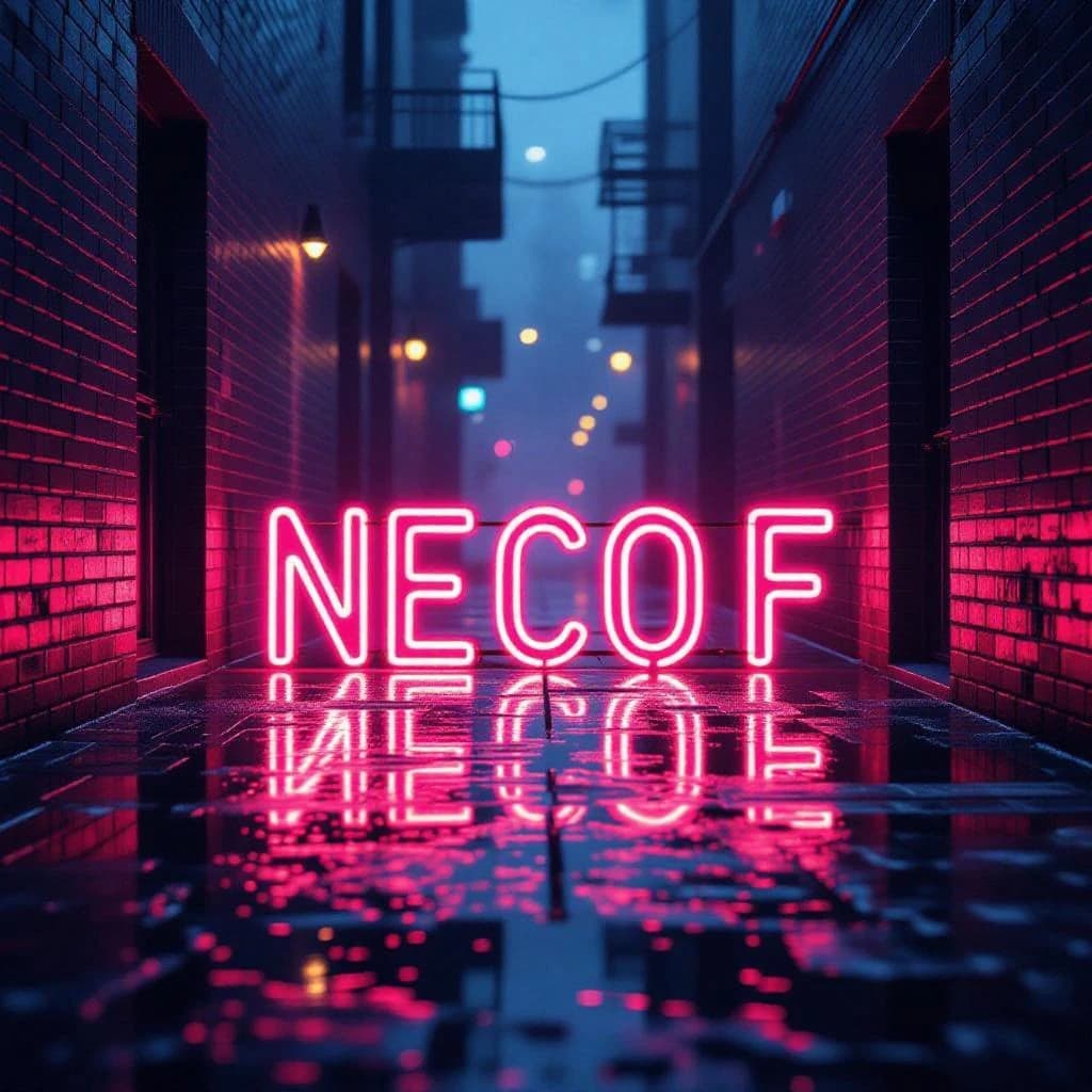 Neon serif letters flicker in a foggy alley, wet asphalt glowing a bit.