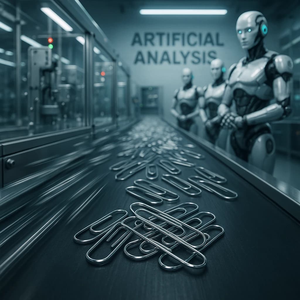 Close up point of view perspective on a conveyor belt pumping out paperclips at a maddening pace. The high tech factory has Artificial Analysis printed proudly on the wall. Robot staff look approvingly over the robust output.