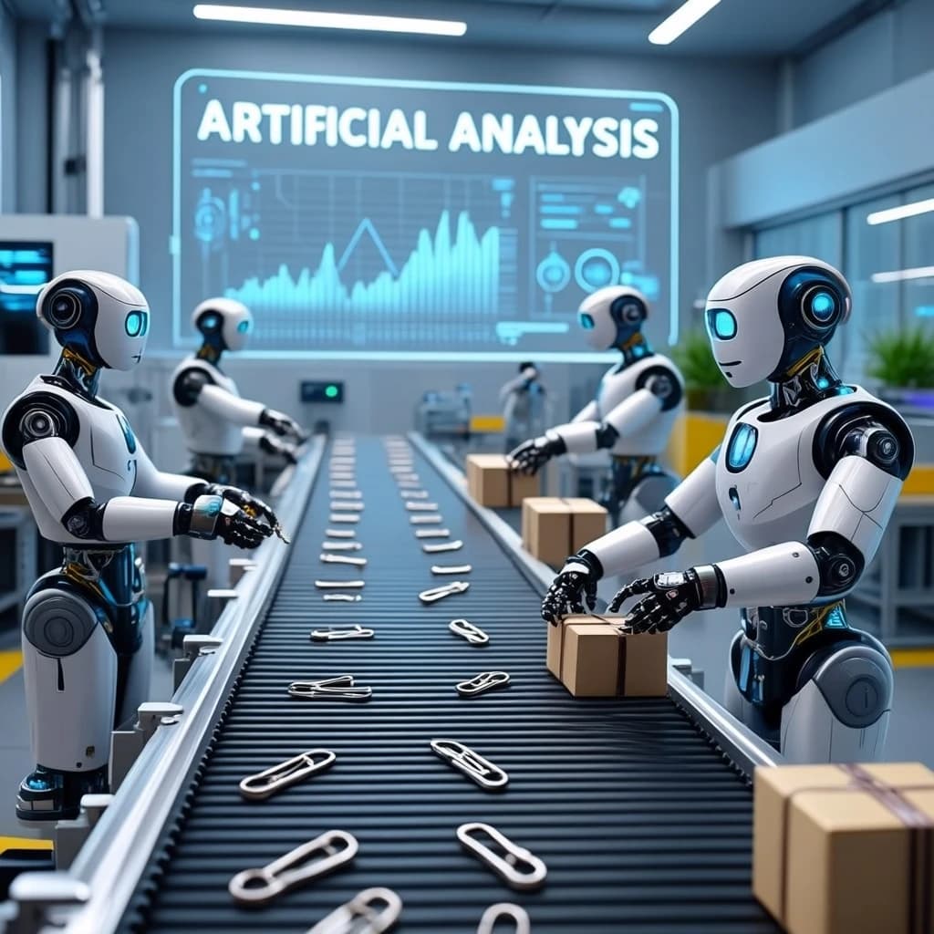 Close up point of view perspective on a conveyor belt pumping out paperclips at a maddening pace. The high tech factory has Artificial Analysis printed proudly on the wall. Robot staff look approvingly over the robust output.