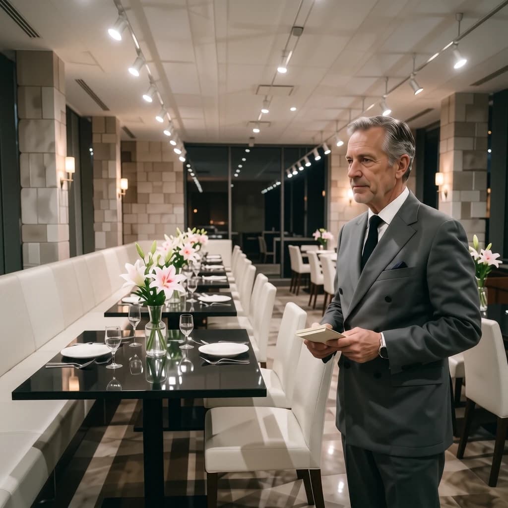 The place is almost empty. The banquettes are covered in white leather, the tables black granite, and the entire room is bathed in halogen track lighting that seems too bright. The maître d’ wears a double-breasted wool crepe jacket. There are lilies on every table.