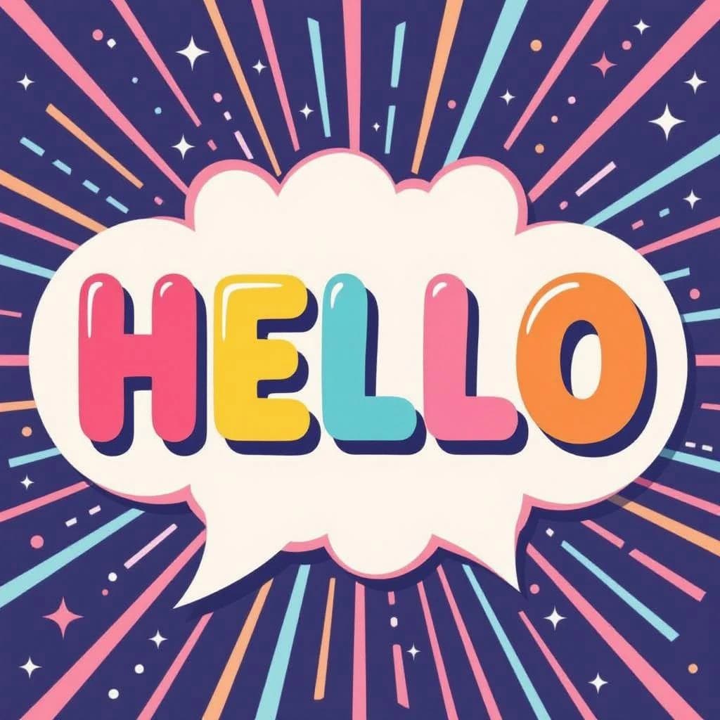 Make a bold bubble-letter poster that says HELLO, pastel palette, thick outline.
