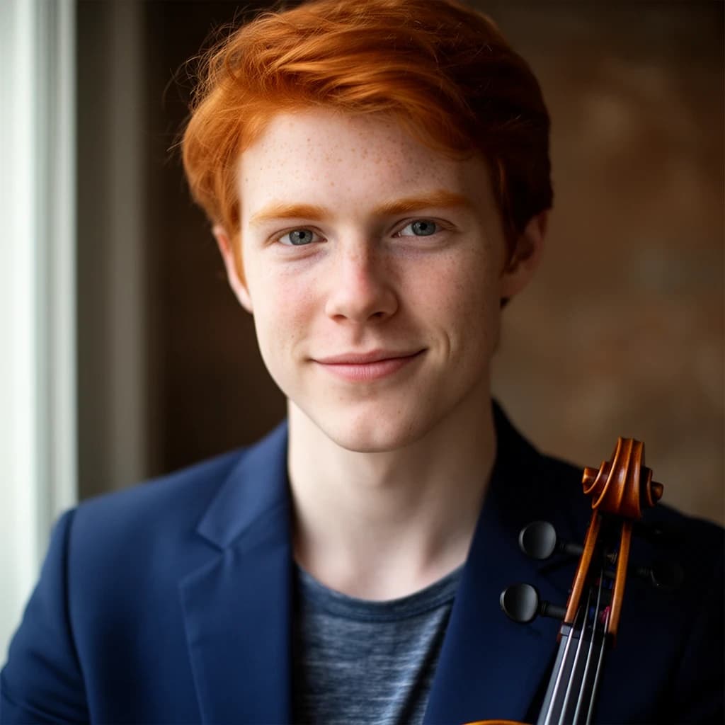 Capture a head-and-shoulders portrait of a freckled red-haired violinist in a navy blazer, soft window light, 85mm at f/1.8, gently smiling yet serious eyes, muted tones.