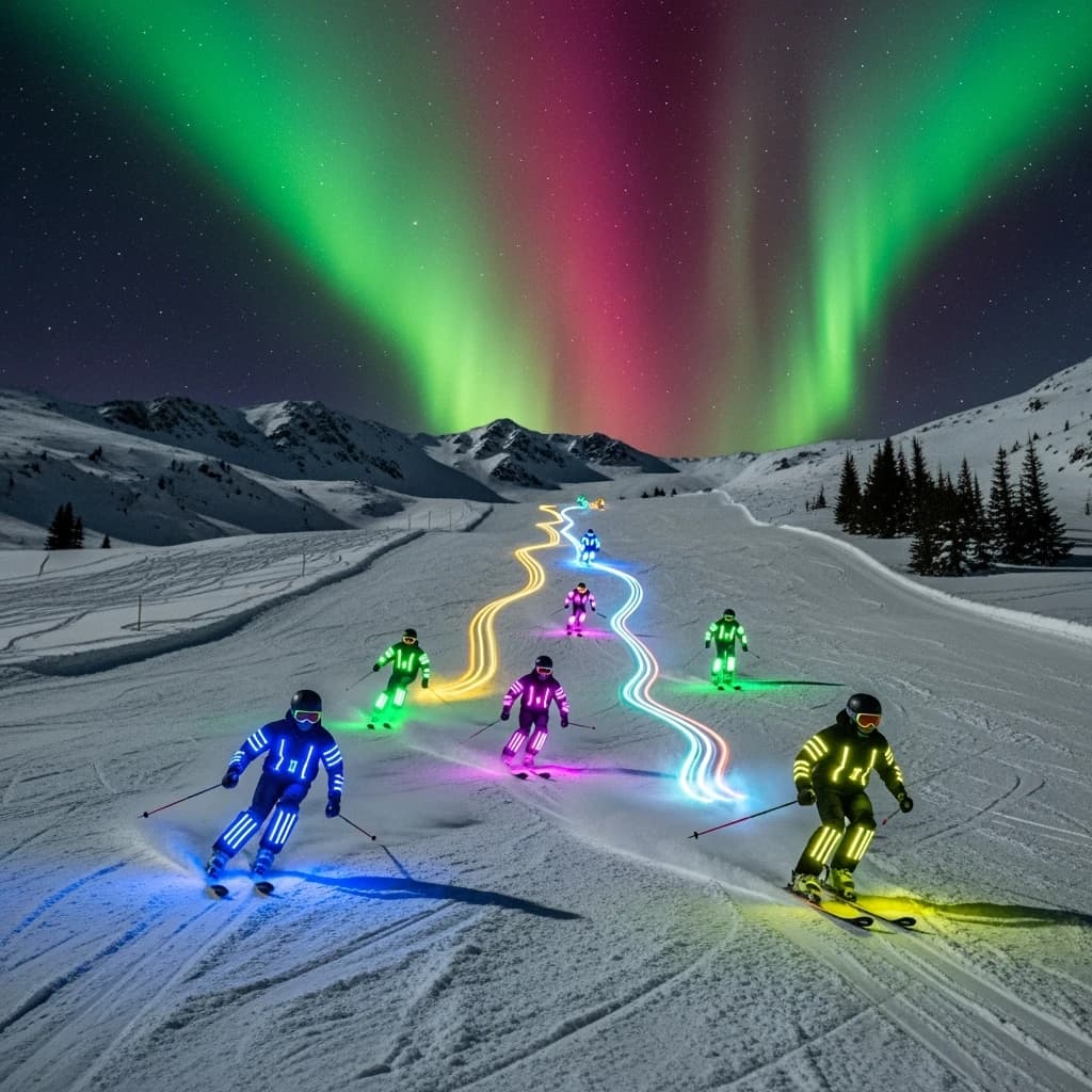 Coronet Peak Night Skiing: Skiers in colorful LED suits carve their way down the slopes of New Zealand's Coronet Peak under the Aurora Borealis, the skiers' light trails visible behind them
