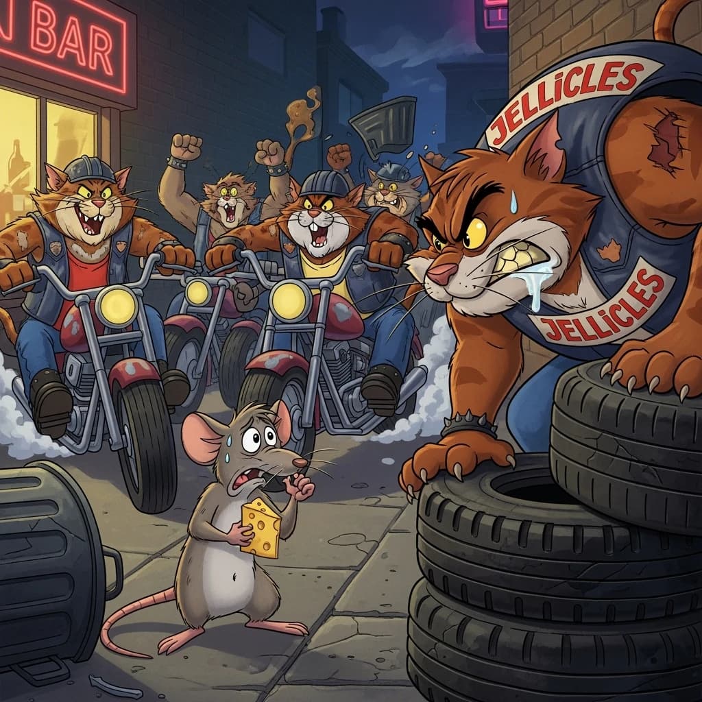 The cartoon rat clenches his thin wedge of cheese and trembles in fear as he hides from the menacing Jellicles, the roaming cat motorcycle gang, all wearing their colors with the name on the back. The cats have all drunk far too much milk and are causing a big ruckus! One cat is close to finding the rat