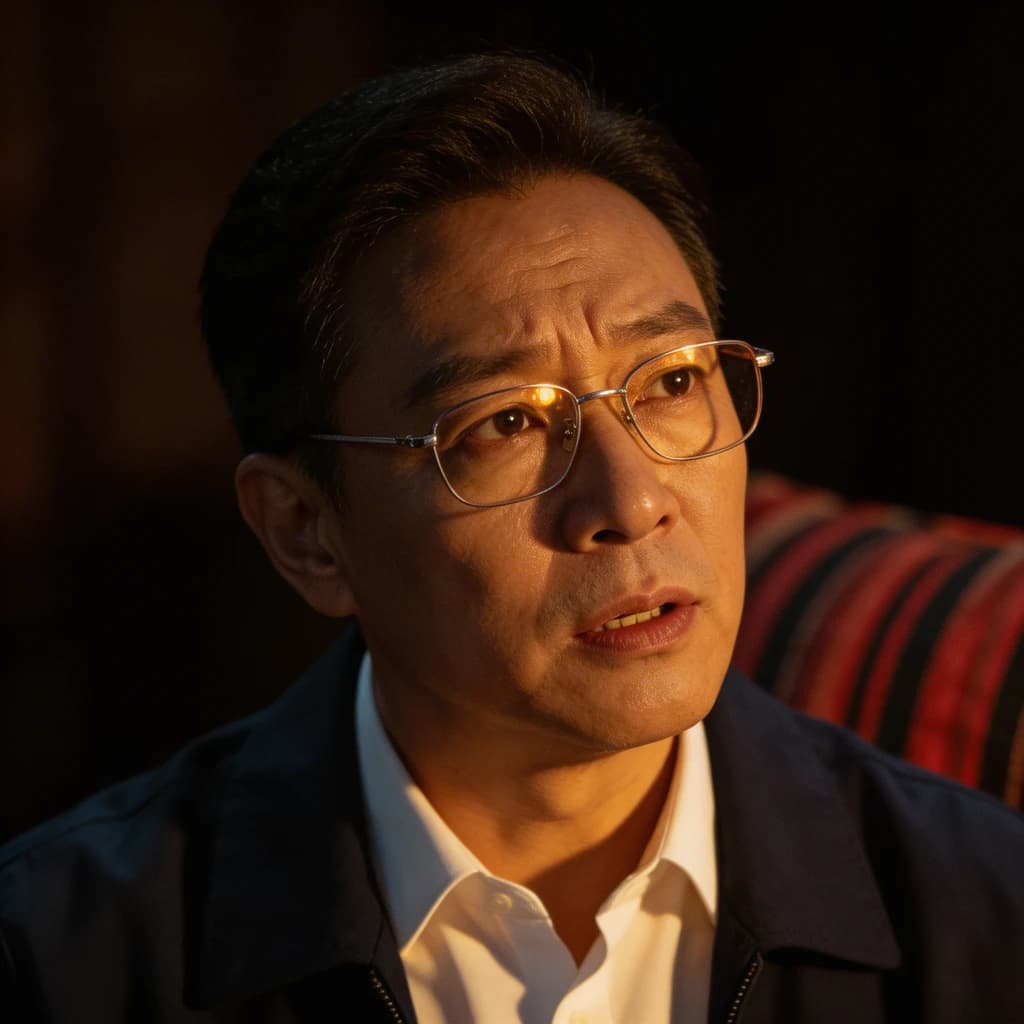 A sharply lit portrait of a middle-aged man wearing thin-rimmed glasses and a dark jacket over a white collared shirt. He gazes intently to the side, his face half illuminated by warm light while the background recedes into deep shadow. The expression is thoughtful, almost wary, as if caught mid-conversation. Behind him, a striped cushion in muted reds and blacks adds subtle texture, contrasting with the crisp highlights on his forehead and glasses. The overall mood is contemplative and cinematic, balancing warmth with tension.