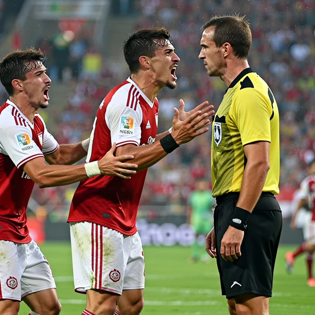 The soccer player clashes with the ref. It is thick and humid and the heat is getting to the players. His friend tries to pull him off before he causes any more trouble.