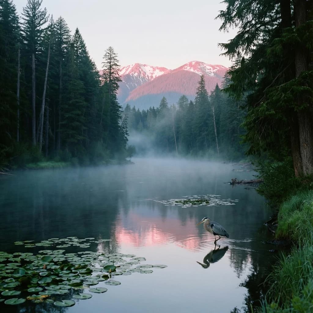 With pre-dawn mist along a cedar forest river and glassy water dotted with lily pads, distant mountains blush pink, and a heron stands still like it forgot what to do next.