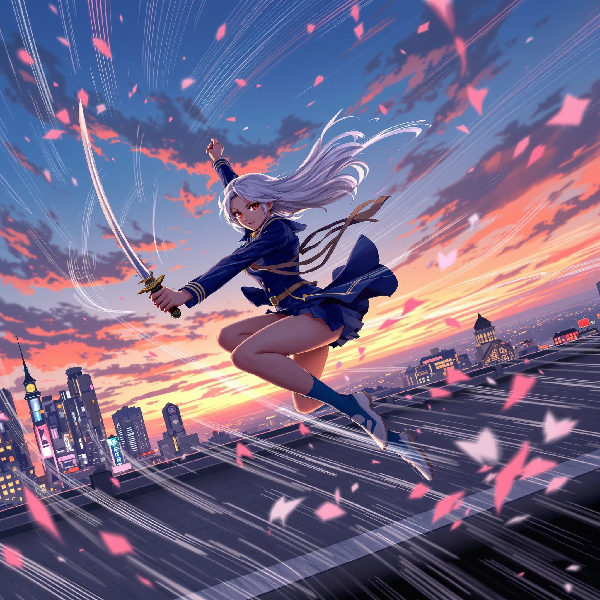 Wind-swept rooftop at dusk, a silver-haired swordswoman in a navy school uniform leaps, luminous eyes, cel shading, cherry blossoms swirl, neon city, dynamic angle, speed lines.