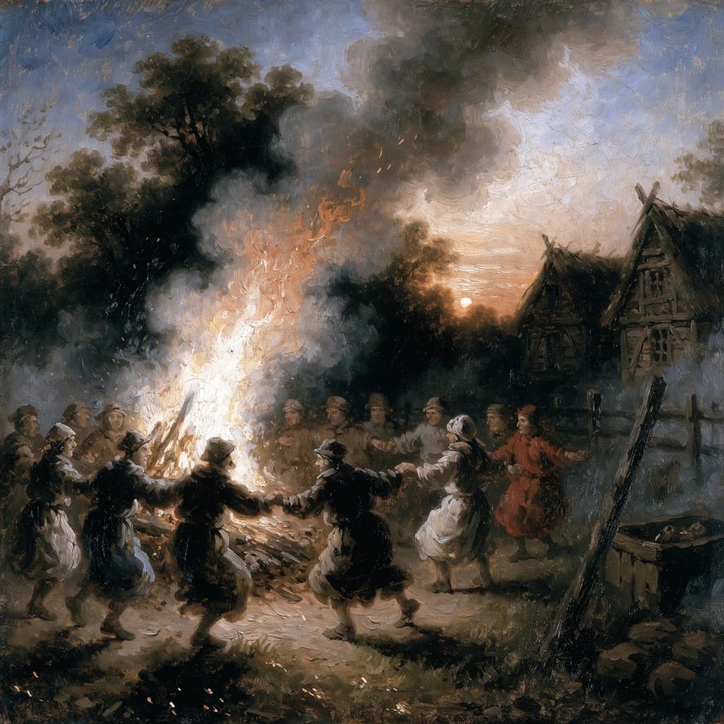 Make an oil painting of villagers dancing by a bonfire at dusk, a bit smoky.