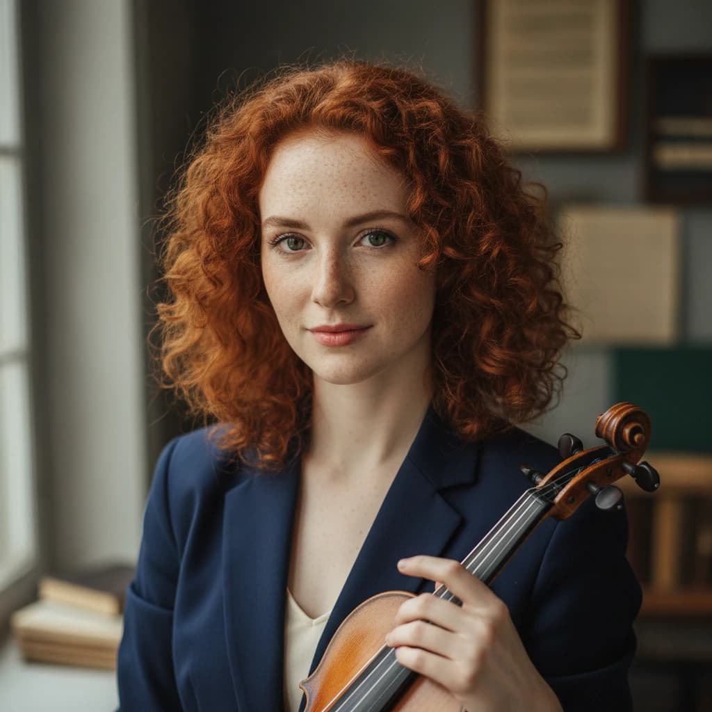 Capture a head-and-shoulders portrait of a freckled red-haired violinist in a navy blazer, soft window light, 85mm at f/1.8, gently smiling yet serious eyes, muted tones.