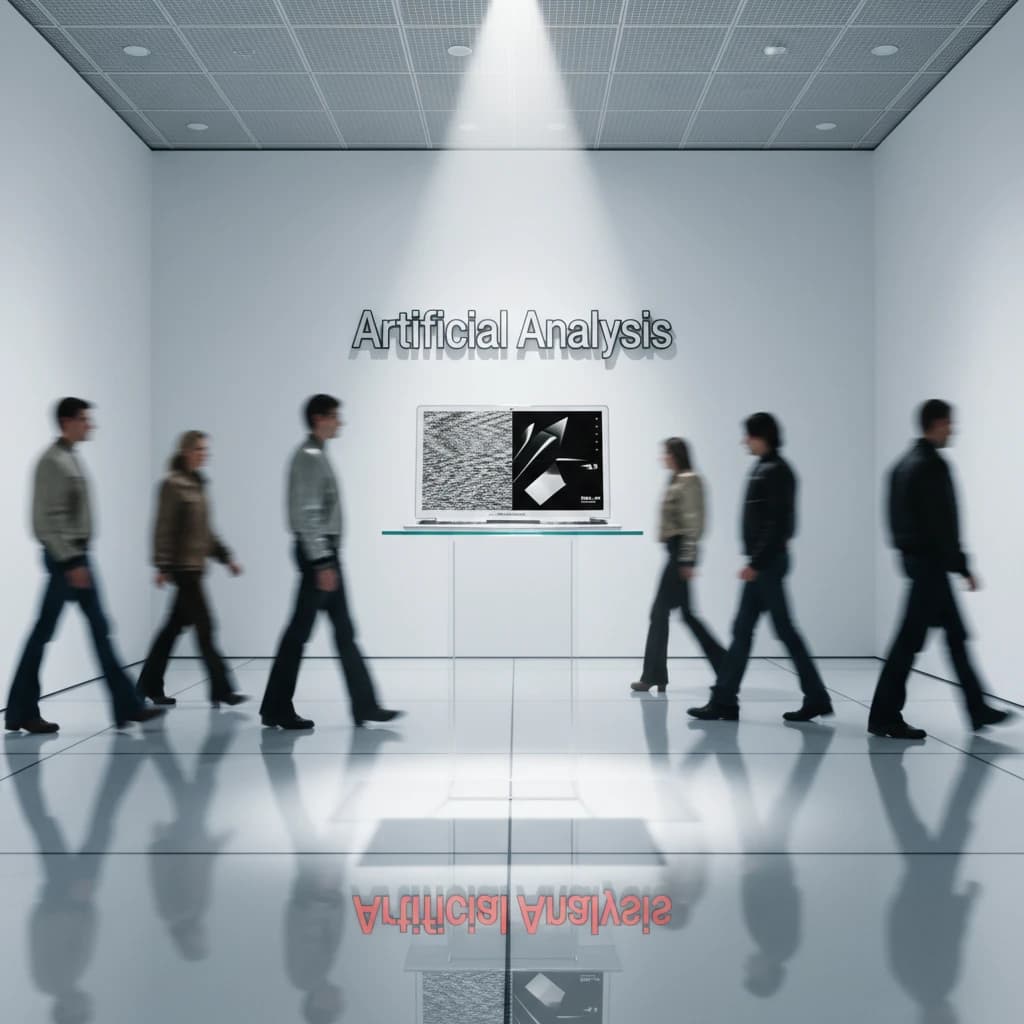 In a spotless gallery space, a pedestal supports a transparent laptop whose screen flickers between static and pristine brand imagery. Shoppers blur past in designer clothes that appear slightly outdated - bell bottoms, metallic jackets. The embossed logo “Artificial Analysis” glints silver, yet its reflection in the glass floor reads in crimson letters. A single spotlight shines, though shadows fall in two directions.