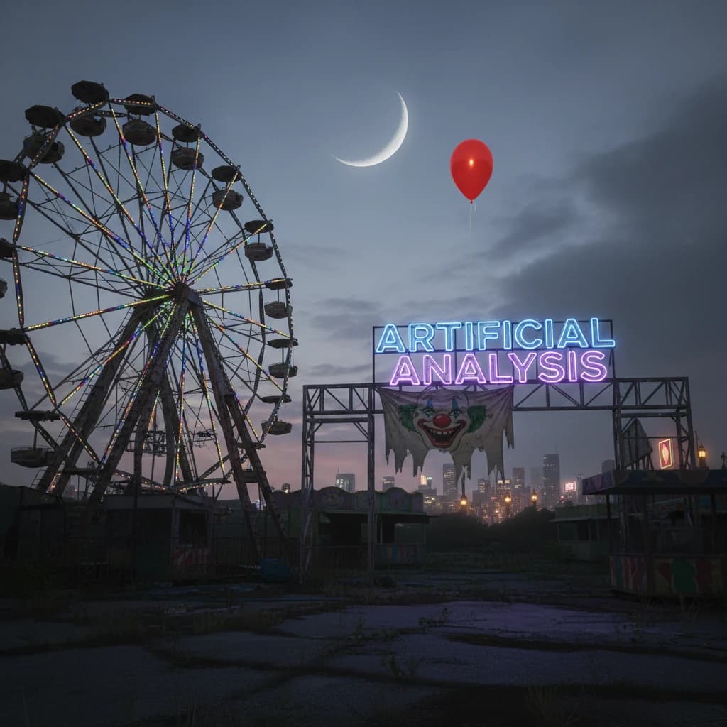 A deserted amusement park glows faintly under a half-moon. The ferris wheel is rusting yet strung with fresh, blinking LED lights. A torn clown banner flaps in a windless air. A lone balloon floats upward, tethered to nothing, while in the far distance city lights flicker on - some neon, some gas lamps as though from another century. 'Artificial Analysis' glows in neon