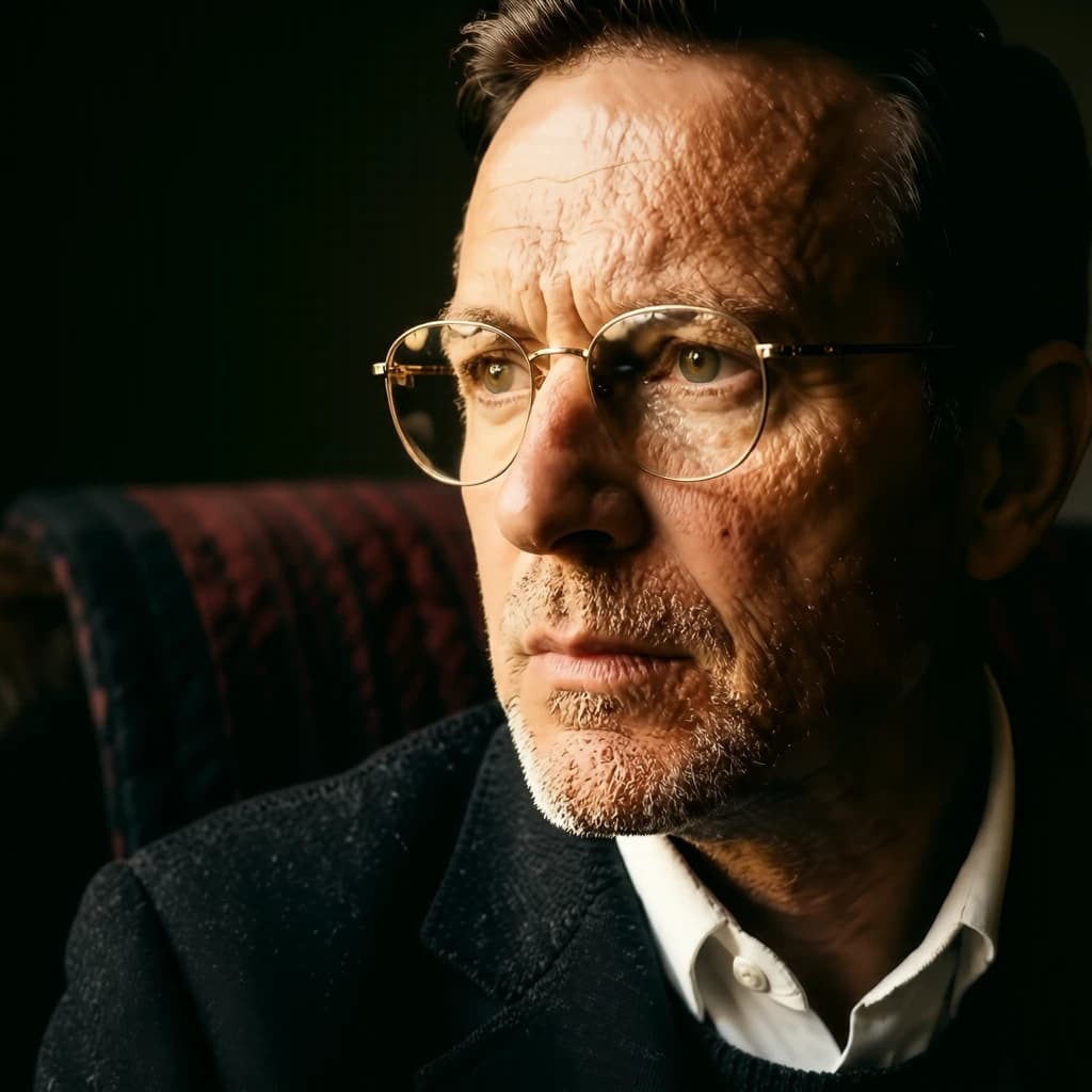 A sharply lit portrait of a middle-aged man wearing thin-rimmed glasses and a dark jacket over a white collared shirt. He gazes intently to the side, his face half illuminated by warm light while the background recedes into deep shadow. The expression is thoughtful, almost wary, as if caught mid-conversation. Behind him, a striped cushion in muted reds and blacks adds subtle texture, contrasting with the crisp highlights on his forehead and glasses. The overall mood is contemplative and cinematic, balancing warmth with tension.