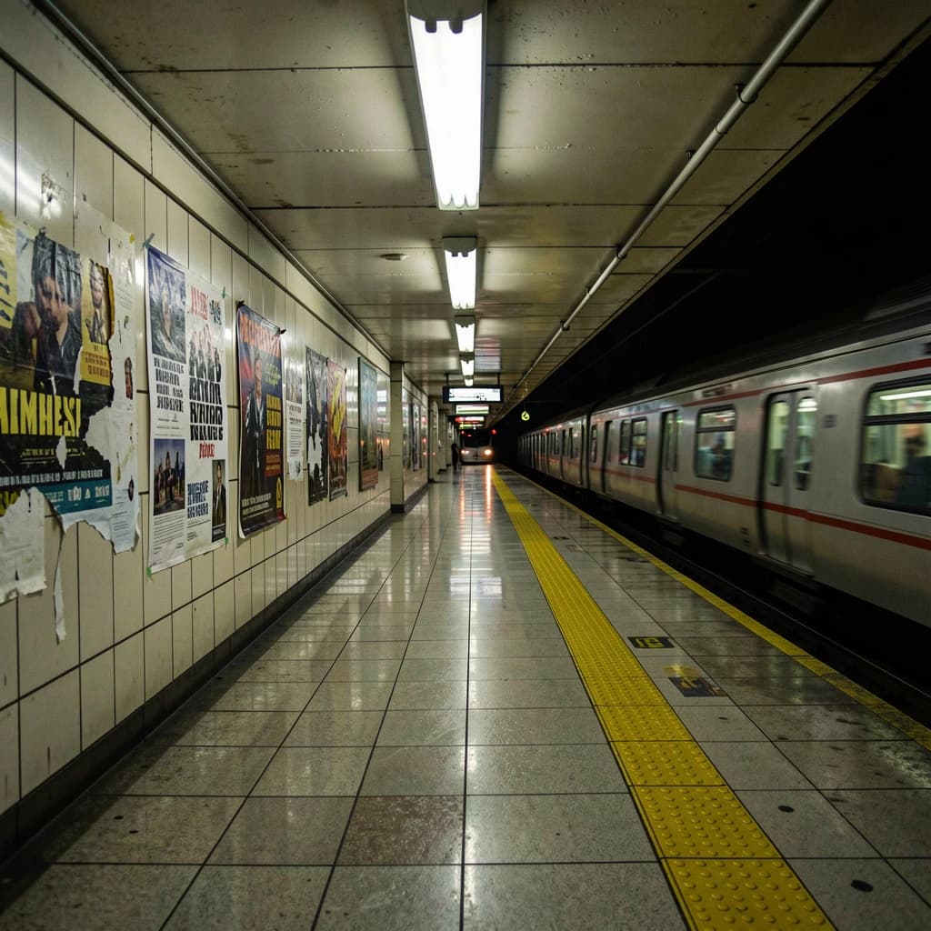 A subterranean subway platform with glossy tiles, peeling posters, flickering fluorescent lights, yellow safety line, and a distant train coming; slightly damp, echoes carry.