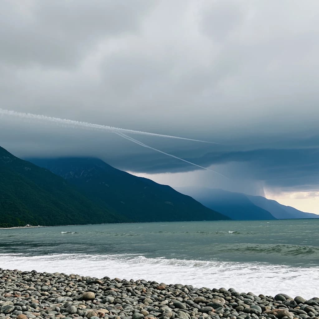 A stunning mountain vista pokes through the cloud top. Contrails from a distant airplane linger in the air. In the foreground there is a stony beach with foamy seas. A thunder storm is visibile in the distant right.