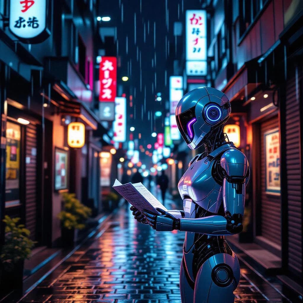 Neon-lit Tokyo alley, rain-slick cobblestones, a chrome android checks a map.