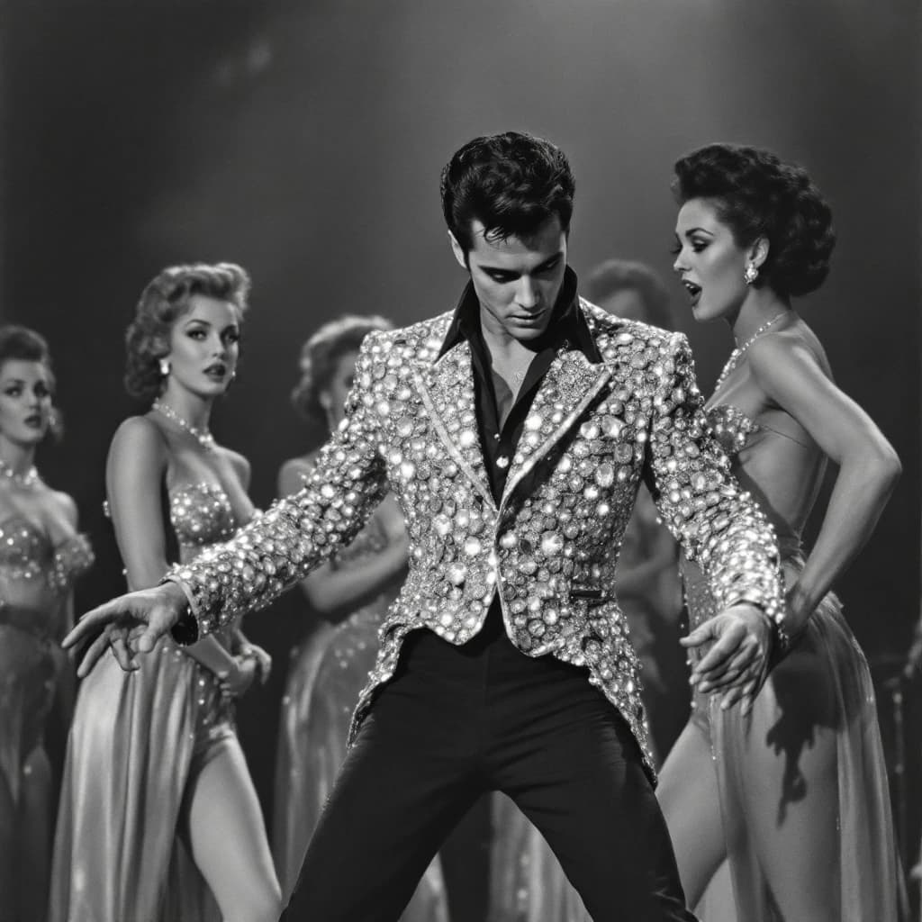 An archival image from 1953 of the rock singer swinging his hips on the stage while glamorous back up singers feign shock at his gyrations! He wears a diamond encrusted jacket with the stones arranged in the shape of a heart