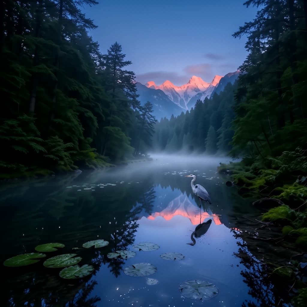 With pre-dawn mist along a cedar forest river and glassy water dotted with lily pads, distant mountains blush pink, and a heron stands still like it forgot what to do next.