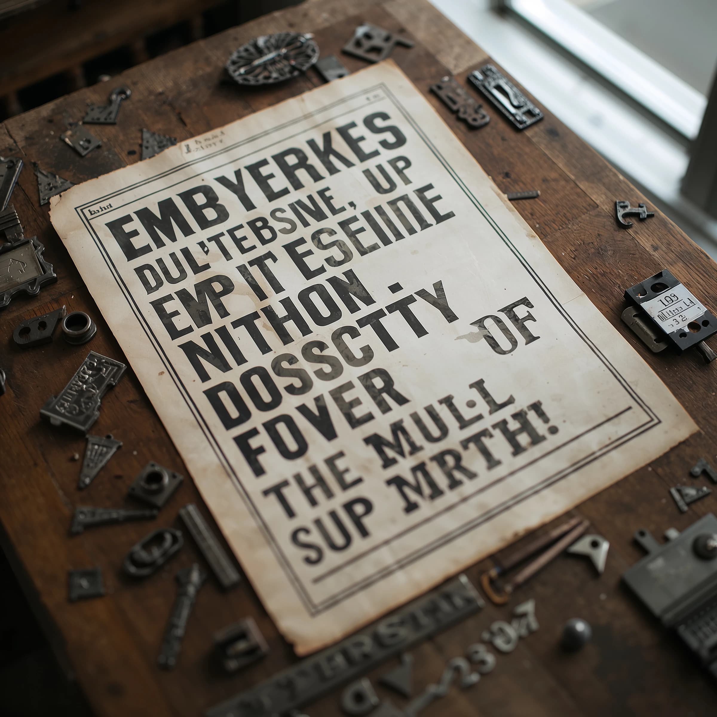 A vintage letterpress poster on a wooden desk: bold slab serif headline, tight kerning, misregistered ink, slightly worn edges, scattered metal type, soft window light.