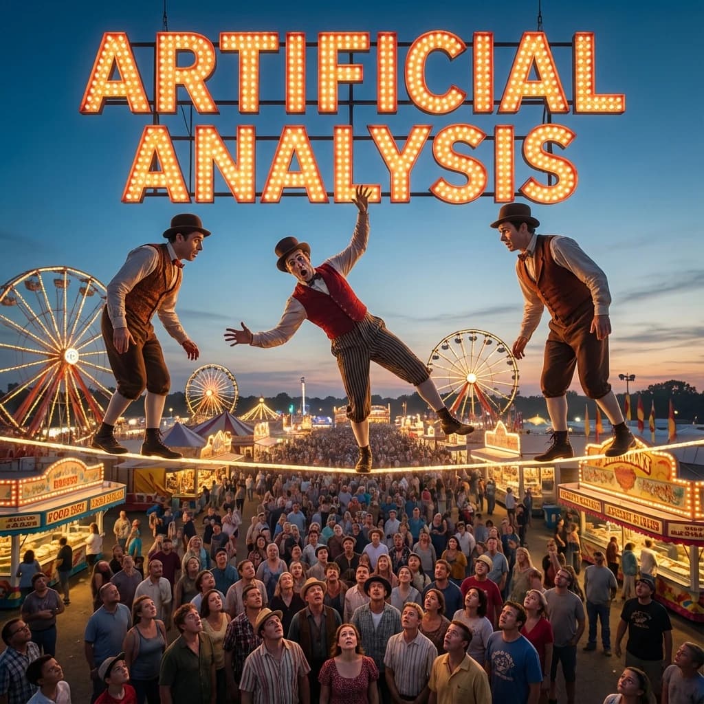 At dusk, high above a carnival crowd, three tightrope walkers balance on a single rope with no aids, one is off balance and grabbing at air. Below, the audience looks upward with baited anticipation. Artificial Analysis is spelled out in the background in carnival lights