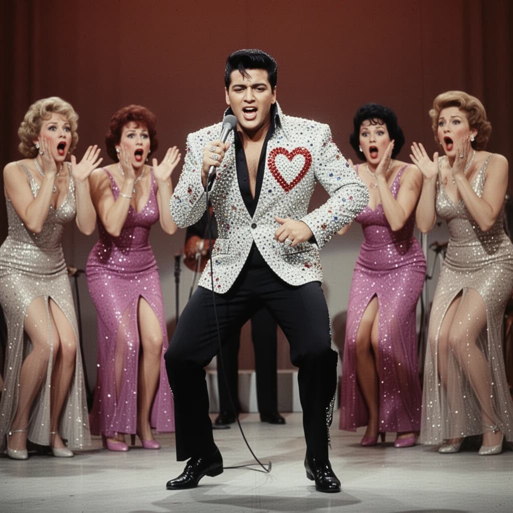 An archival image from 1953 of the rock singer swinging his hips on the stage while glamorous back up singers feign shock at his gyrations! He wears a diamond encrusted jacket with the stones arranged in the shape of a heart