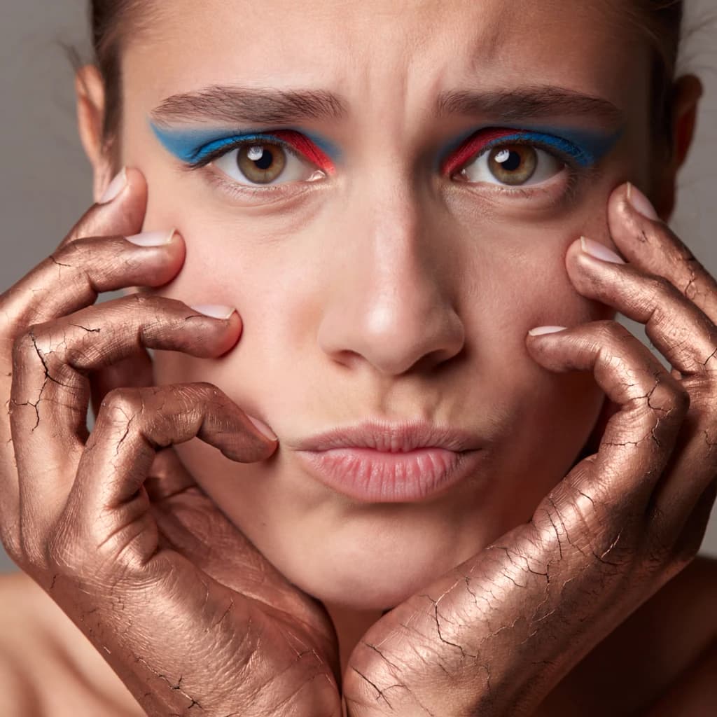 A striking close-up portrait of a woman with cracked metallic copper-painted hands framing her face. Her vivid blue and red eye makeup contrasts sharply with the smooth, pale skin and muted background, creating a bold, surreal composition. She displays an air of uncertainty about her