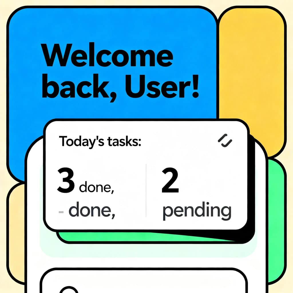 Playful mobile app dashboard, thick outlines, flat colors, friendly microcopy.