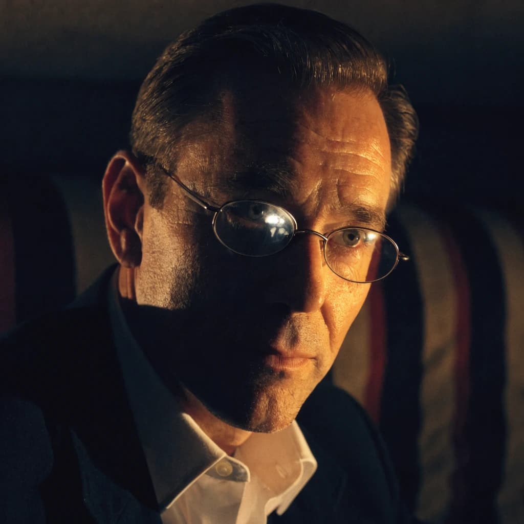 A sharply lit portrait of a middle-aged man wearing thin-rimmed glasses and a dark jacket over a white collared shirt. He gazes intently to the side, his face half illuminated by warm light while the background recedes into deep shadow. The expression is thoughtful, almost wary, as if caught mid-conversation. Behind him, a striped cushion in muted reds and blacks adds subtle texture, contrasting with the crisp highlights on his forehead and glasses. The overall mood is contemplative and cinematic, balancing warmth with tension.