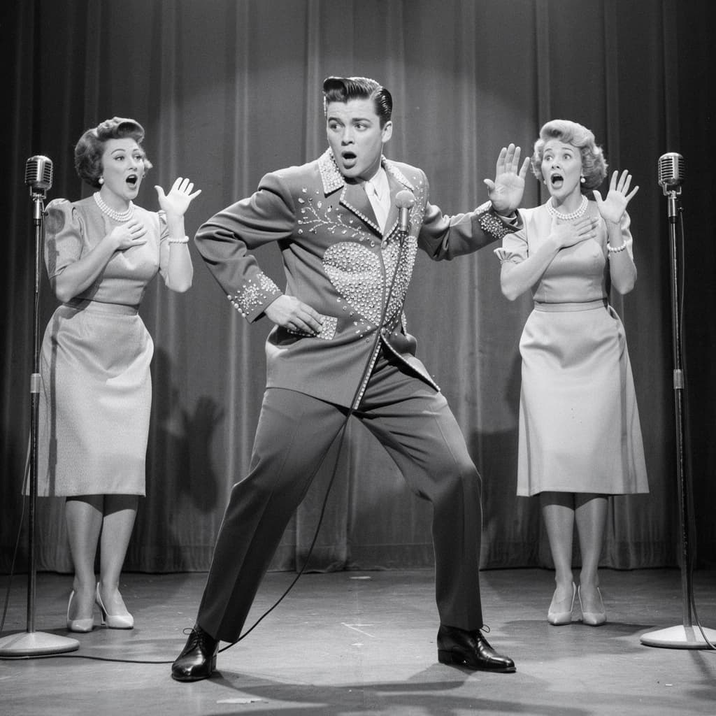 An archival image from 1953 of the rock singer swinging his hips on the stage while glamorous back up singers feign shock at his gyrations! He wears a diamond encrusted jacket with the stones arranged in the shape of a heart