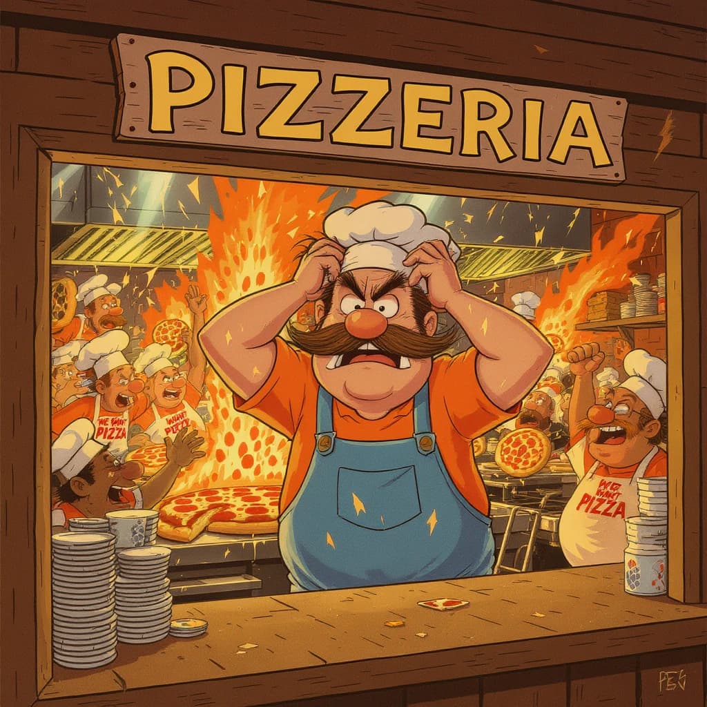 Pasquale is pulling his few remaining hairs out over a disaster at the pizzeria - the cooks are working as fast as they can but the crowds outside are swelling and they demand hot hot pizza! They are banging on the glass and some are wearing "we want pizza" shirts. 1980s western TV animation style.