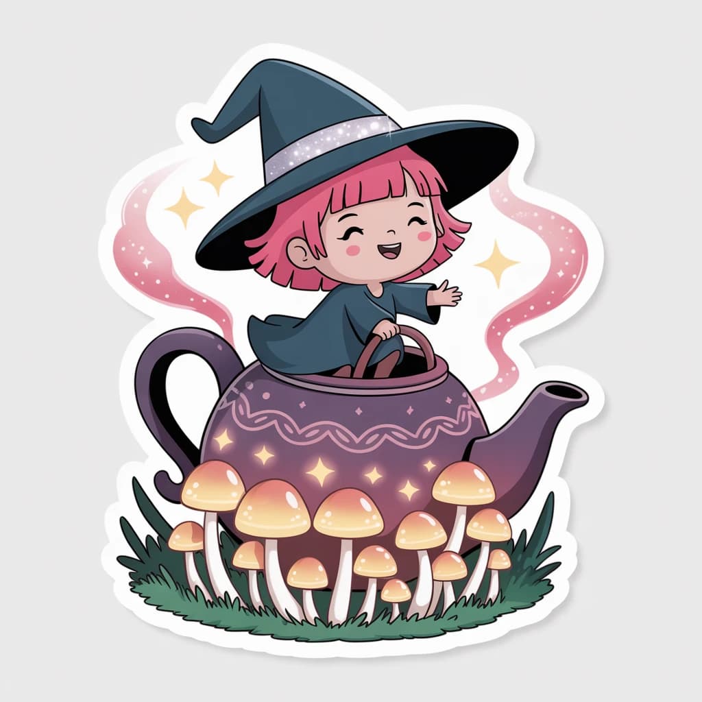 A tiny witch rides a teapot over glowing mushrooms, a bit chibi, thick lines.
