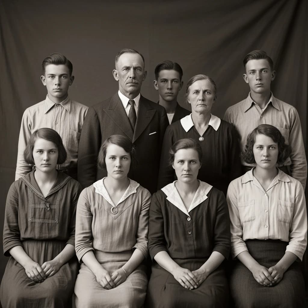 Everybody holds still and nobody smiles for the family portrait. It's 1928 in Kansas