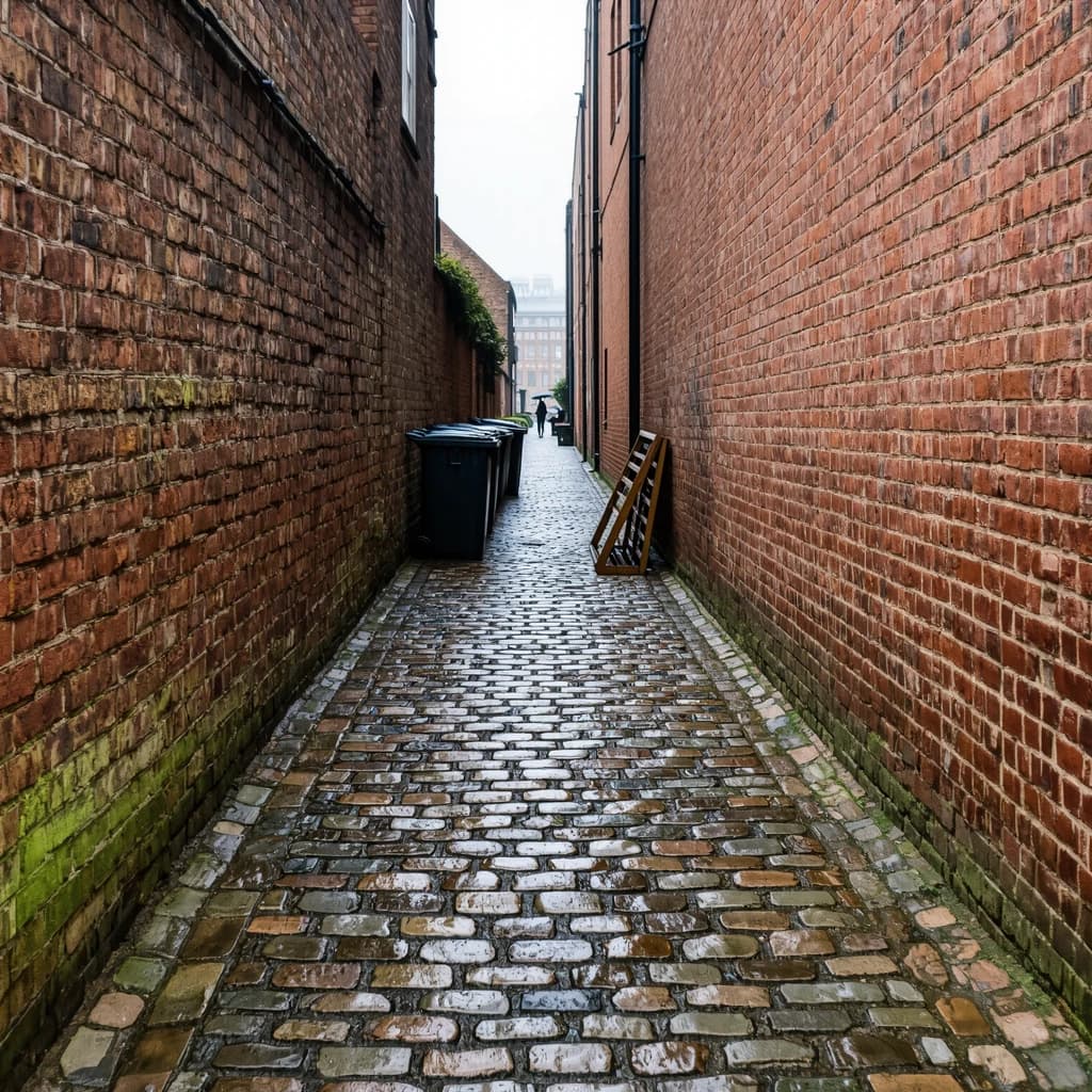 Show a narrow brick alley with wet cobblestones.