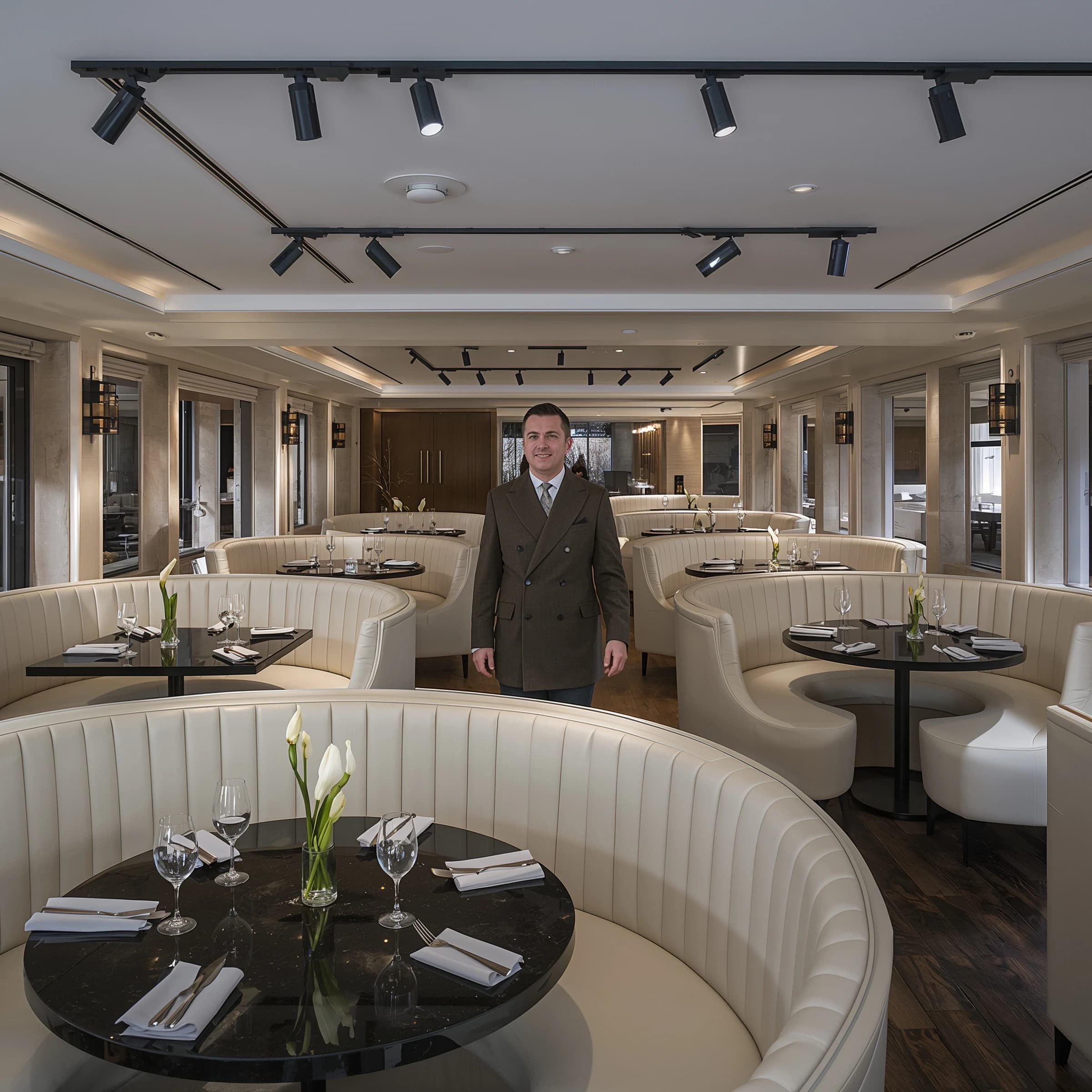 The place is almost empty. The banquettes are covered in white leather, the tables black granite, and the entire room is bathed in halogen track lighting that seems too bright. The maître d’ wears a double-breasted wool crepe jacket. There are lilies on every table.