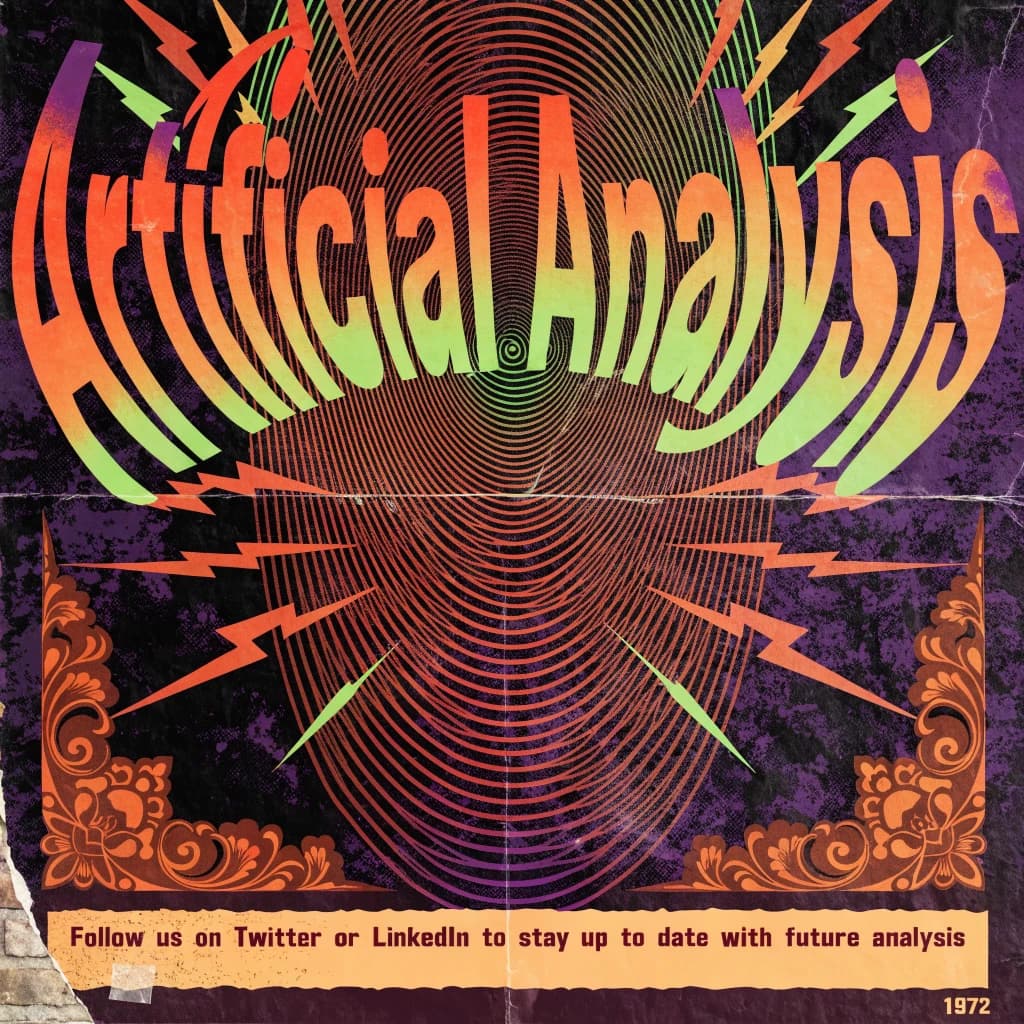 A portrait layout psychedelic concert poster from 1972 bathed in saturated oranges, deep purples, and acid greens. Swirling, hand-drawn typography arcs across the top, spelling out Artificial Analysis in bold, distorted letters that melt into spirals. Surrounded by radiating concentric circles and lightning-bolt motifs. The background is textured with halftone dots and faded paper creases, evoking a well-worn poster taped to a brick wall. Ornate floral borders frame the design, while the bottom features blocky retro lettering listing “Follow us on Twitter or LinkedIn to stay up to date with future analysis” in smaller text. 