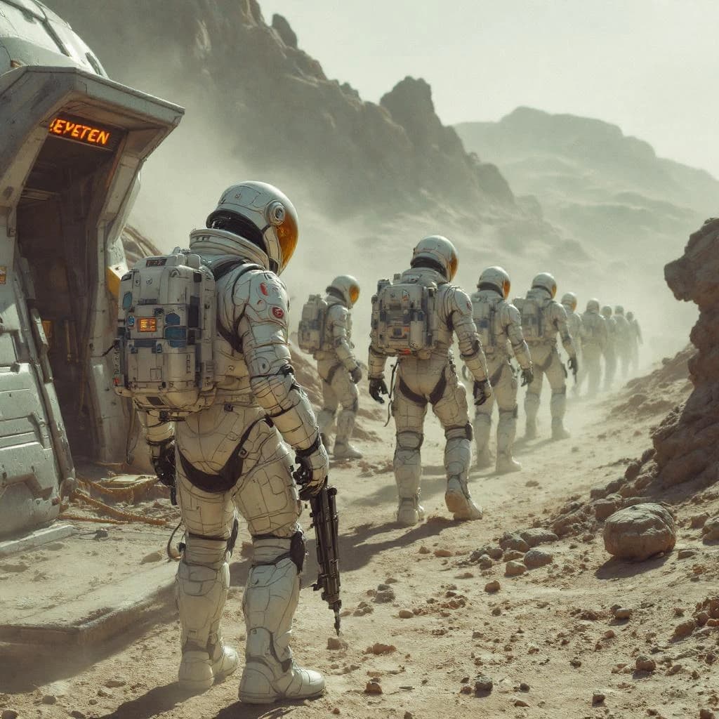 Silver exosuits queue at a dusty lunar checkpoint.